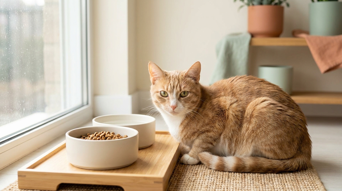 Illustration of a cat beside food and water bowls placed together on a tray