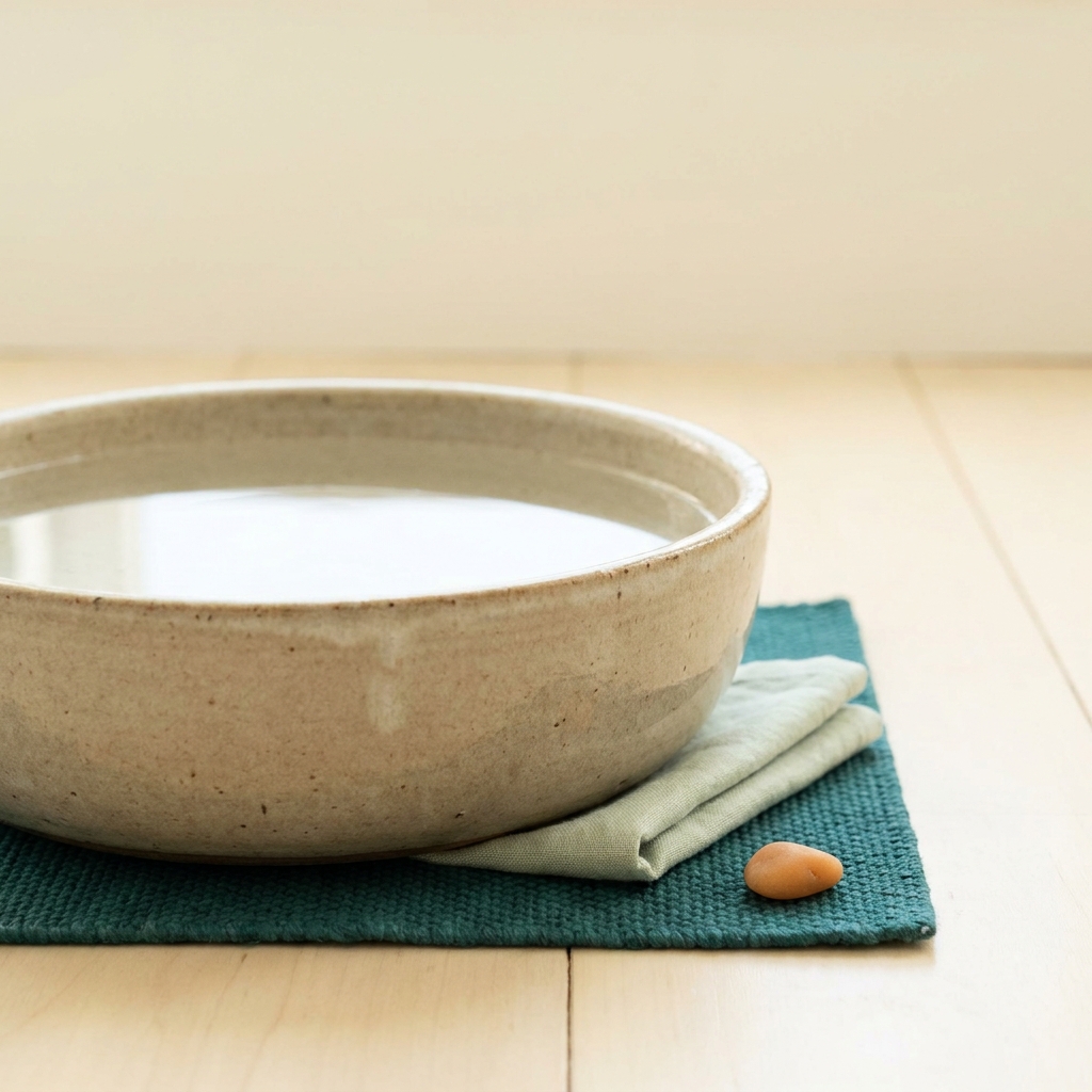 Close up of a wide ceramic water bowl filled with fresh clear water on a green woven mat in a quiet minimalist home corner with pale warm background illustrating cat water bowl placement