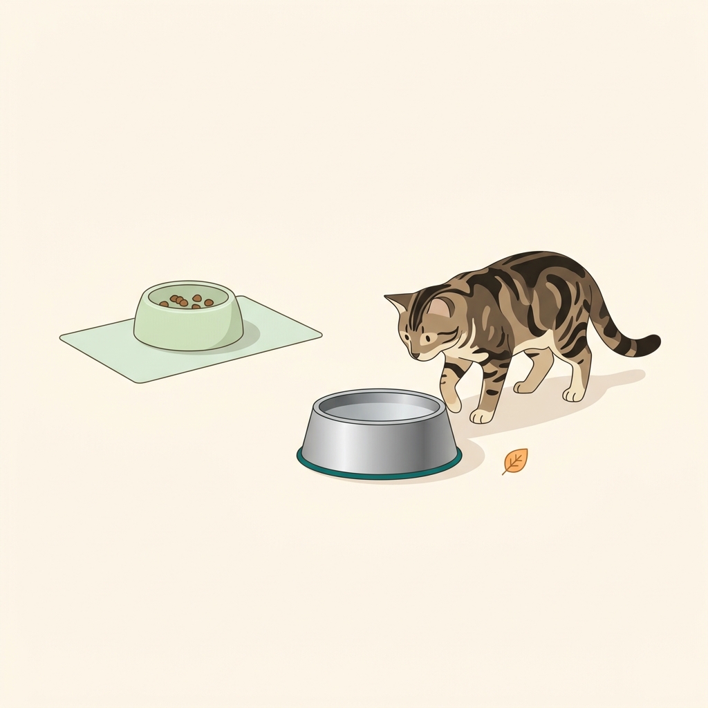 Minimalist 2D vector illustration of a cat approaching a shallow stainless steel water bowl placed apart from a separate food dish on a small mat demonstrating cat water bowl placement in Cat Nibbles color palette