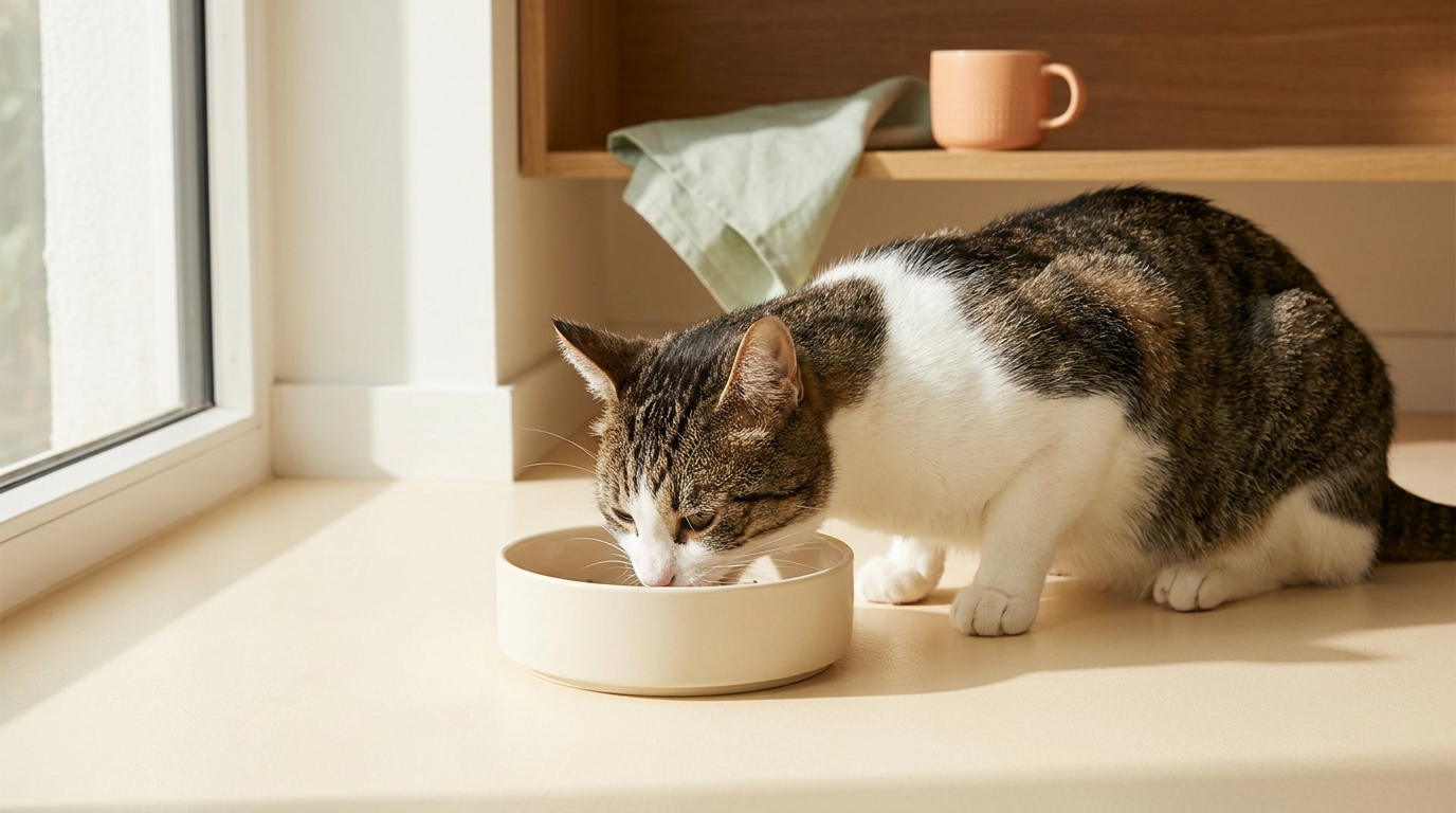 Relaxed cat eating from a shallow wide bowl on a clean cream floor in soft natural light minimal scene with green peach accents cat whisker friendly food bowls