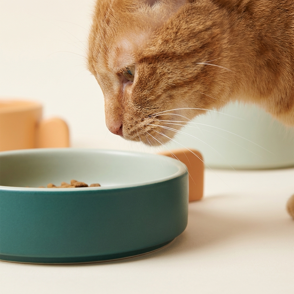 Close up of a cat muzzle and whiskers approaching a low wide bowl showing whisker clearance and rim profile for cat whisker friendly food bowls on a soft cream background