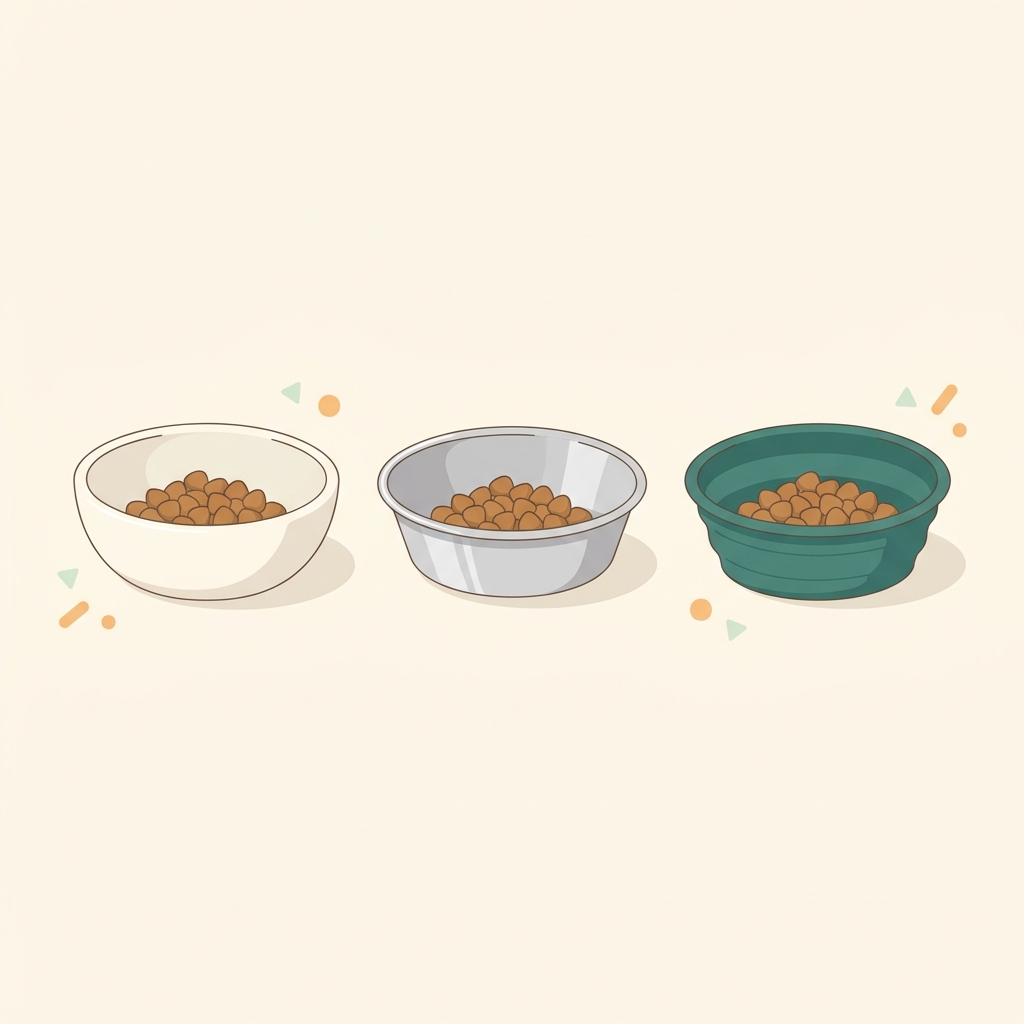 Minimal 2D vector of three cat whisker friendly food bowls side by side on cream background showing ceramic porcelain stainless steel and silicone bowls with subtle teal and apricot accents