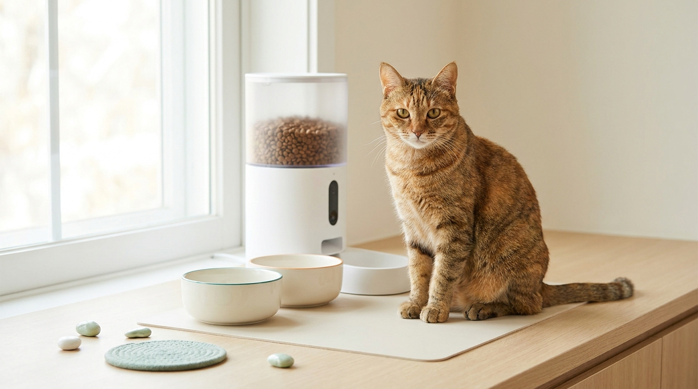 Domestic cat seated calmly next to a spotless automatic feeder and minimalist bowls on a cream background with soft natural light depicting automatic cat feeder cleaning