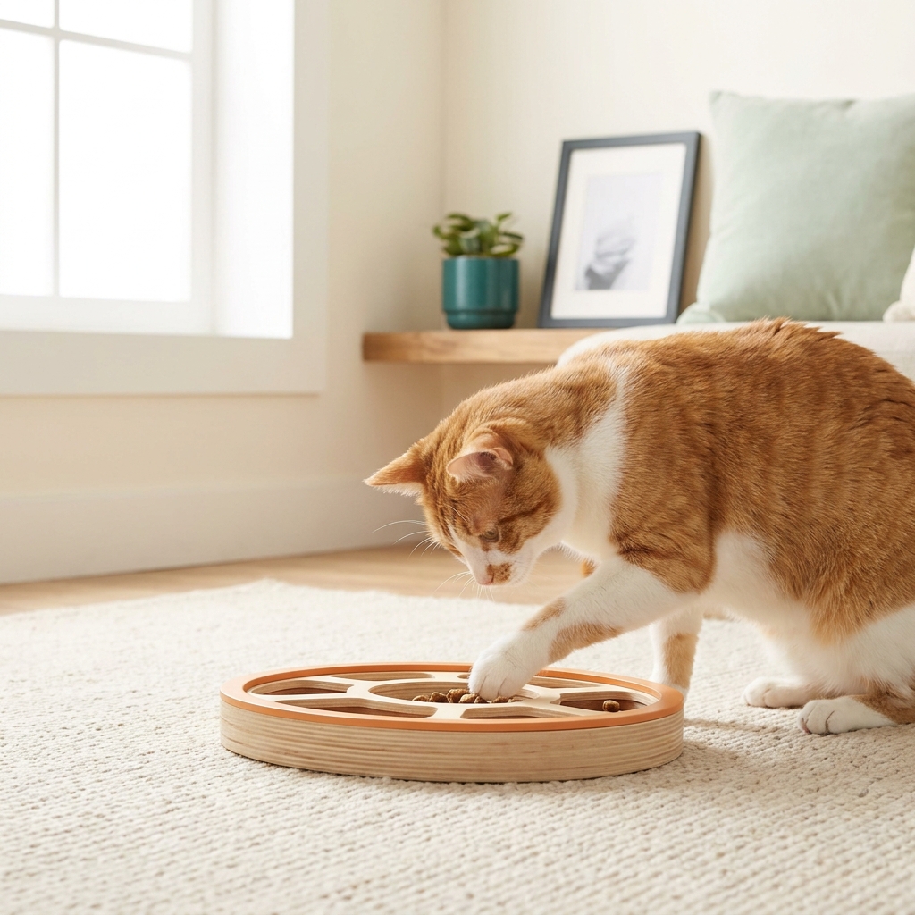 Close up of a domestic cat using a shallow food puzzle on a light rug in a tidy living room with natural window light and brand palette accents, focus on cat paw and nose automatic cat feeder cleaning