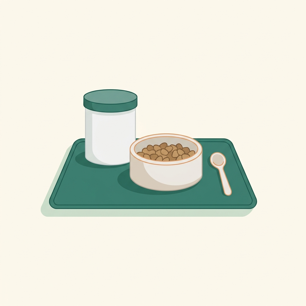 Tidy feeding station for automatic cat feeder cleaning showing sealed food container and clean ceramic bowl on a non slip mat minimalist 2D vector in Cat Nibbles palette