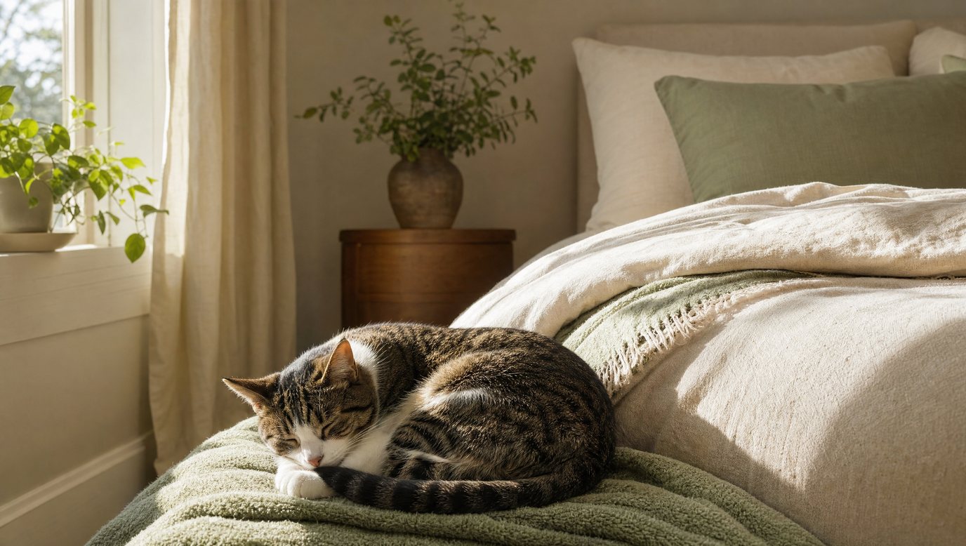 A tabby cat curled up asleep on a green blanket at the foot of a bed in a softly lit bedroom