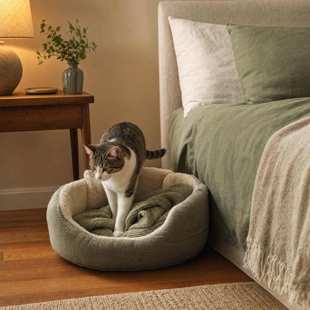A cat stepping into a cozy cat bed with a folded blanket beside a human bed on a warm wooden floor
